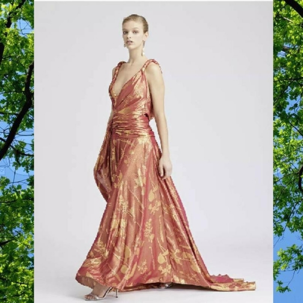 *$8,000 NWT OSCAR DE LA RENTA RED ORANGE GOLD SILK RUNWAY GOWN US 0 XS - Picture 2 of 11